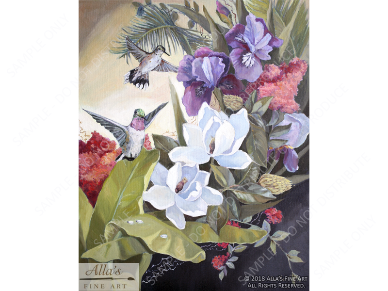 Tropical Flowers with Humming Birds 1 - Original Artwork