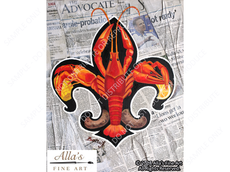 Crawfish Fleur de Lis with Les Miles Newspaper - Original Artwork