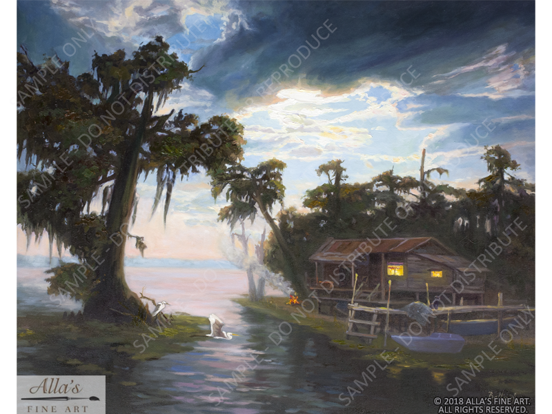 Louisiana Bayou Cabin And Campfire - Original Artwork