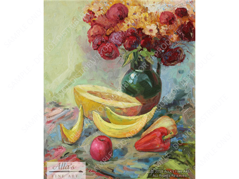 Melon, Fruit, And Flowers