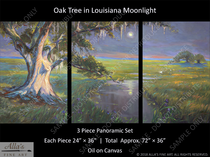 Oak Tree In Louisiana Moonlight Panorama 3 Piece Set - Original Artwork