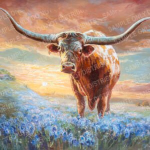 Longhorn, bluebonnet field